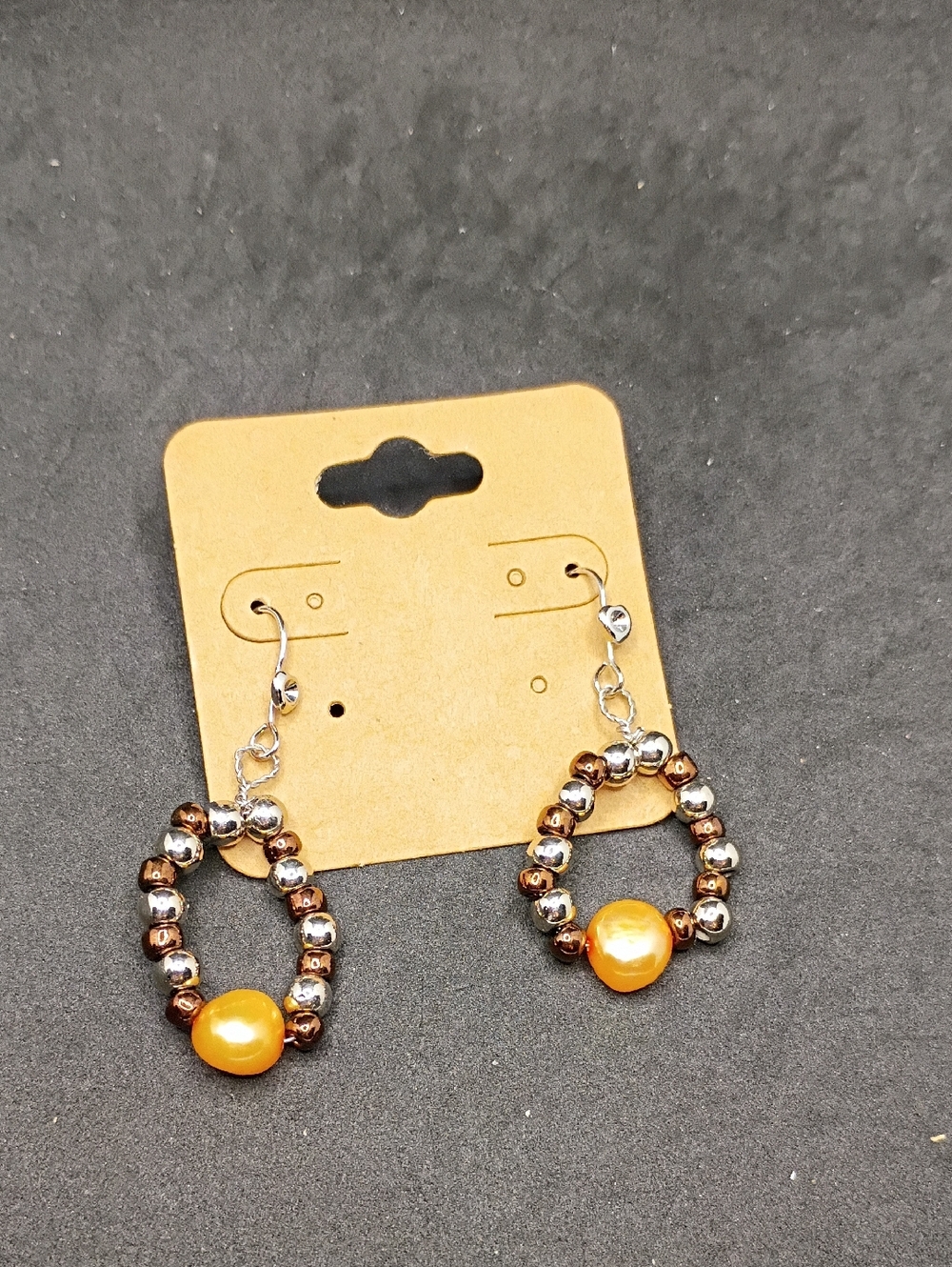 Gold and Brown Beaded Hoop Earrings with Amber Accent